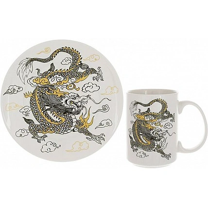 Чайная фарфоровая пара "Дракон на белом" кружка 500мл, тарелка Ø20см BD-K022