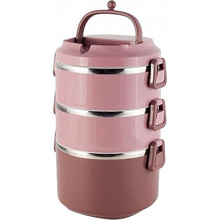 Ланч-бокс Kamille Snack 2400мл трехуровневый, пластик и нержавеющая сталь, розовый KM-2137PN