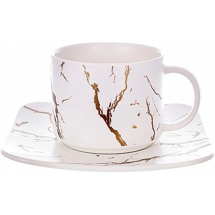 Кофейная чашка с блюдцем "Мраморная Роскошь" 250мл, фарфор белый с золотом BD-805-727