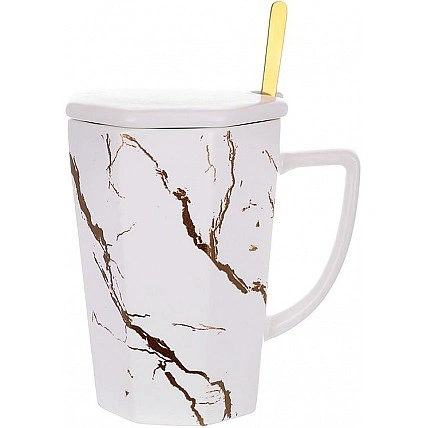 Кружка с крышкой и ложечкой "Мраморная Роскошь" 350мл, фарфор белый с золотом BD-805-729