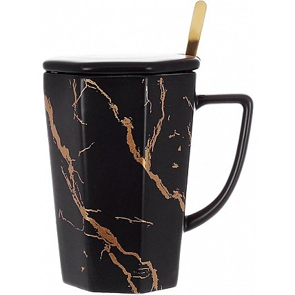 Кружка с крышкой и ложечкой "Мраморная Роскошь" 350мл, фарфор черный с золотом BD-805-732