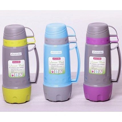 Термос Kamille Glass Pleasure 1000мл зеркальная колба, 2 чашки KM-2080