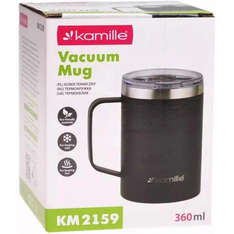 Термокружка Kanille Black 360 мл з ручкою, чорна KM-2159