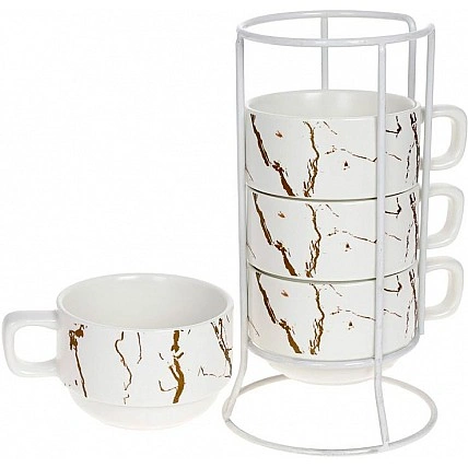 Набір 4 порцелянові кухлі "Мармурова Розкіш" 200мл на підставці, білий із золотом BD-805-725
