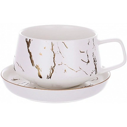 Чайна чашка з блюдцем "Мармурова Розкіш" 320мл, порцеляна біла із золотом BD-805-728