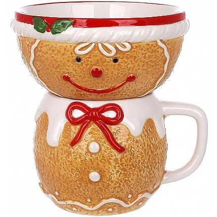 Чашка з піалою "Пряниковий Чоловічок" 450мл/300мл, різдвяна кераміка BD-928-192