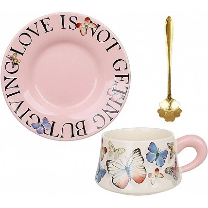 Tea cup "Butterfly" 270ml with saucer and spoon, pink, in gift box BD-992-857