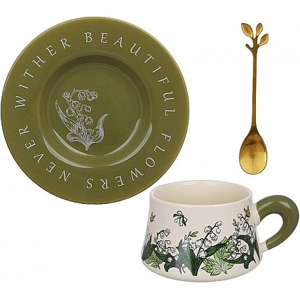 Tea cup "Lily of the Valley" 270ml with saucer and spoon, olive, in gift packaging BD-992-838