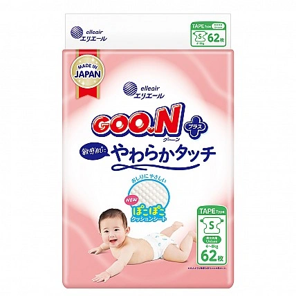 Підгузки Goo.N Plus для дітей (розмір 2(S), 4-8 кг, 62 шт)