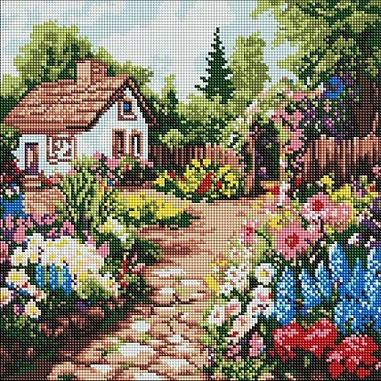 Алмазна мозаїка "Квіткові клумби біля будинку" ©art_selena_ua AMO8232, 40х40 см