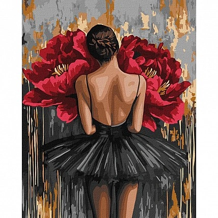 Живопис за номерами «Балерина з червоними півонями з металевими фарбами» ©art_selena_ua KHO8664, 40x50 см