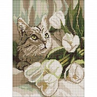 Diamond mosaic "Green-eyed cat with tulips" AMO20099, 30x40 cm
