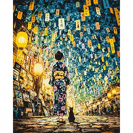 Paint by Numbers "Japanese Night. Girl with Cat" LW3515, 40x50 cm