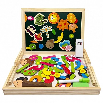 Wooden toy "Magnetic board 2 in 1" MD 0815B, double-sided, pencil case, chalk