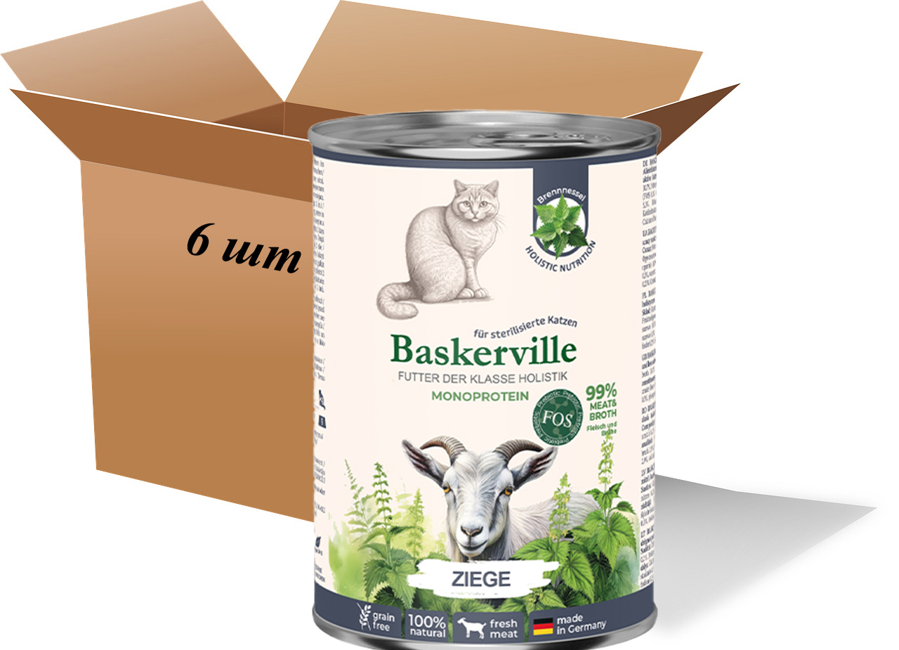 Baskerville Holistic Wet Cat Food. Goat with Nettle for Sterilized and Inactive Cats, 800g (6-pack)