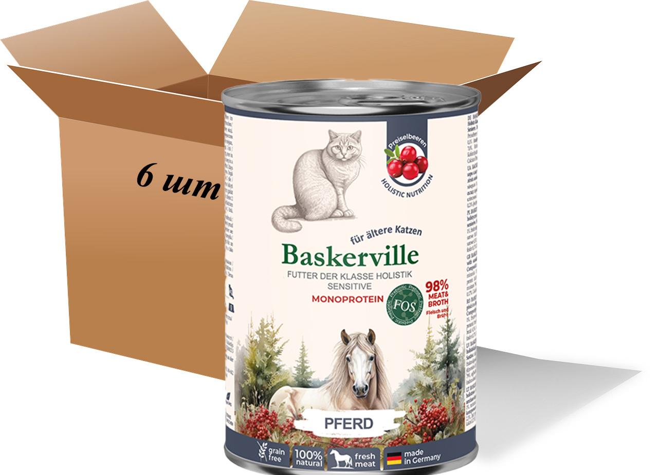 Baskerville Holistic Prebio Wet Food, Horse Meat with Cranberry. Complete food for cats with sensitive digestion and senior cats, 400 g (6-pack)