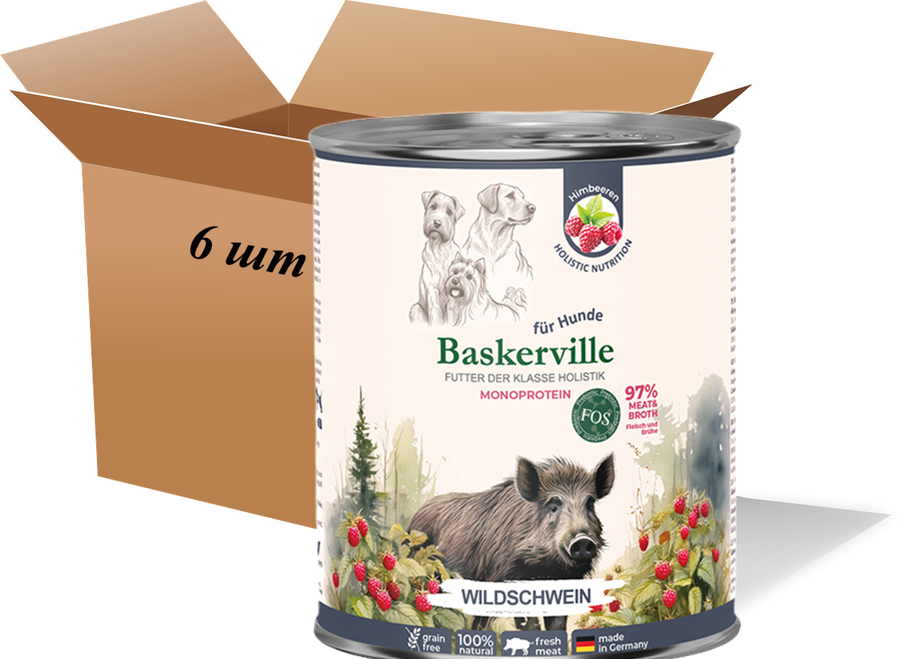 Wet dog food. Baskerville Prebio Wild Boar with raspberries, complete feed, 800 g (6 pcs. pack)