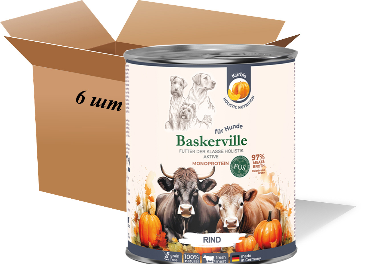 Wet dog food. Baskerville Prebio Beef with Pumpkin Complete Food for Active Dogs, 400 g (6 pcs pack)