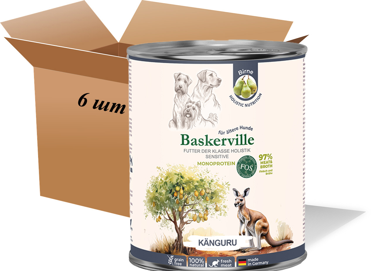 Wet dog food. Askerville Prebio. Kangaroo with pear, complete food for dogs with sensitive digestion and senior dogs, 800 g (6 packs)