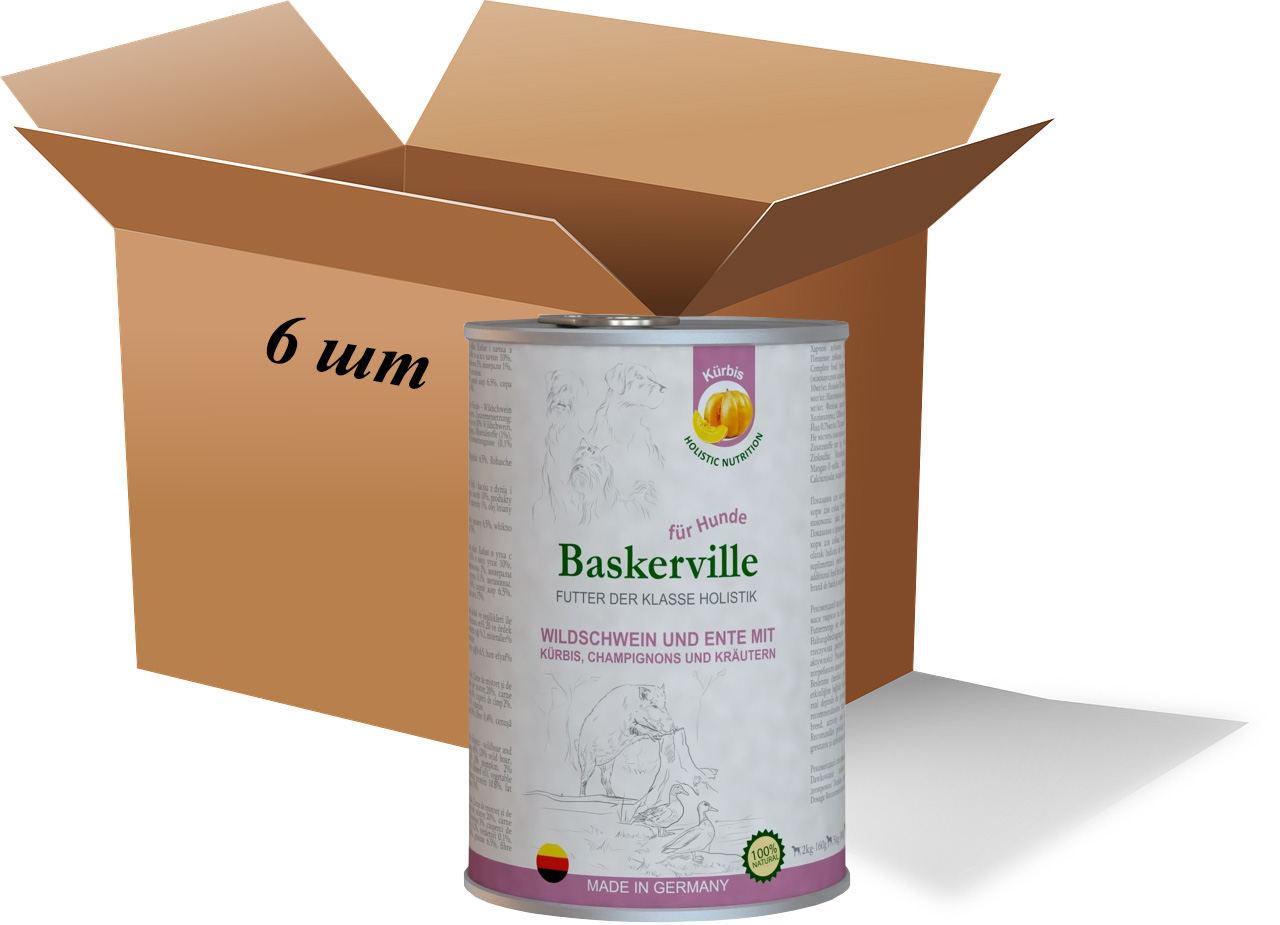 Baskerville Wet Dog Food. Holistic Wild boar and duck with pumpkin, herbs and mushrooms, 400 g (pack of 6)