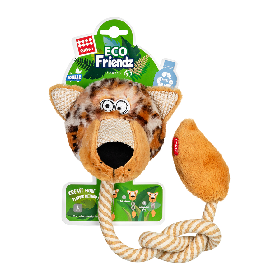 Dog toy Leopard with squeaker and rope GiGwi ECO FRIENDZ, recycled textile, L, 76 cm
