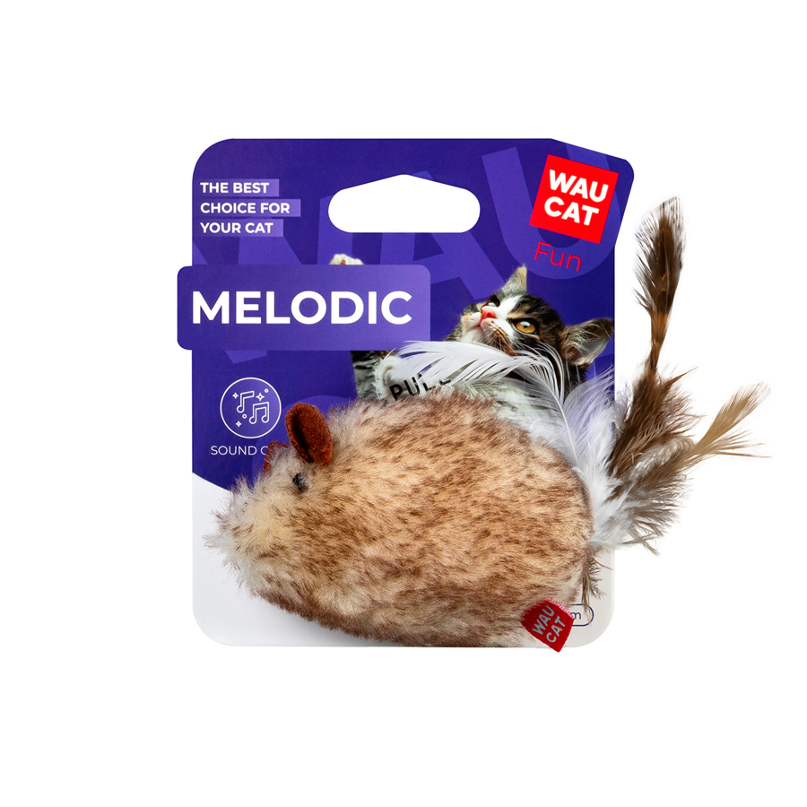 Іграшка для котів WAUCAT Fun Melodic Мишка зі звуковим чіпом, штучний мех, перо, 130 мм