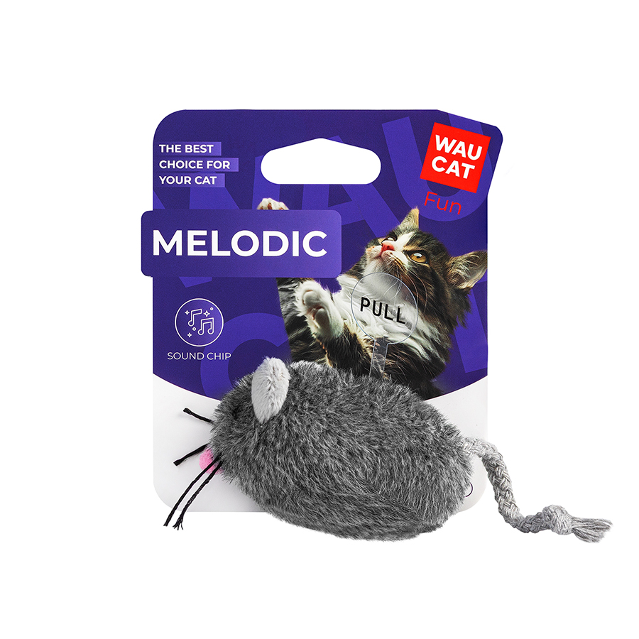 Іграшка для котів WAUCAT Fun Melodic Сірий мишка з звуковим чипом, штучна шерсть, 130 мм