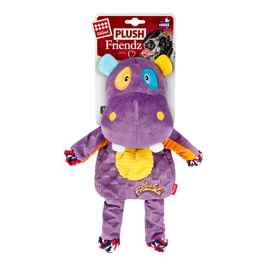 Игрушка для собак Бегемот с веревками и пищалкой GiGwi Plush Friendz, текстиль, 34 см