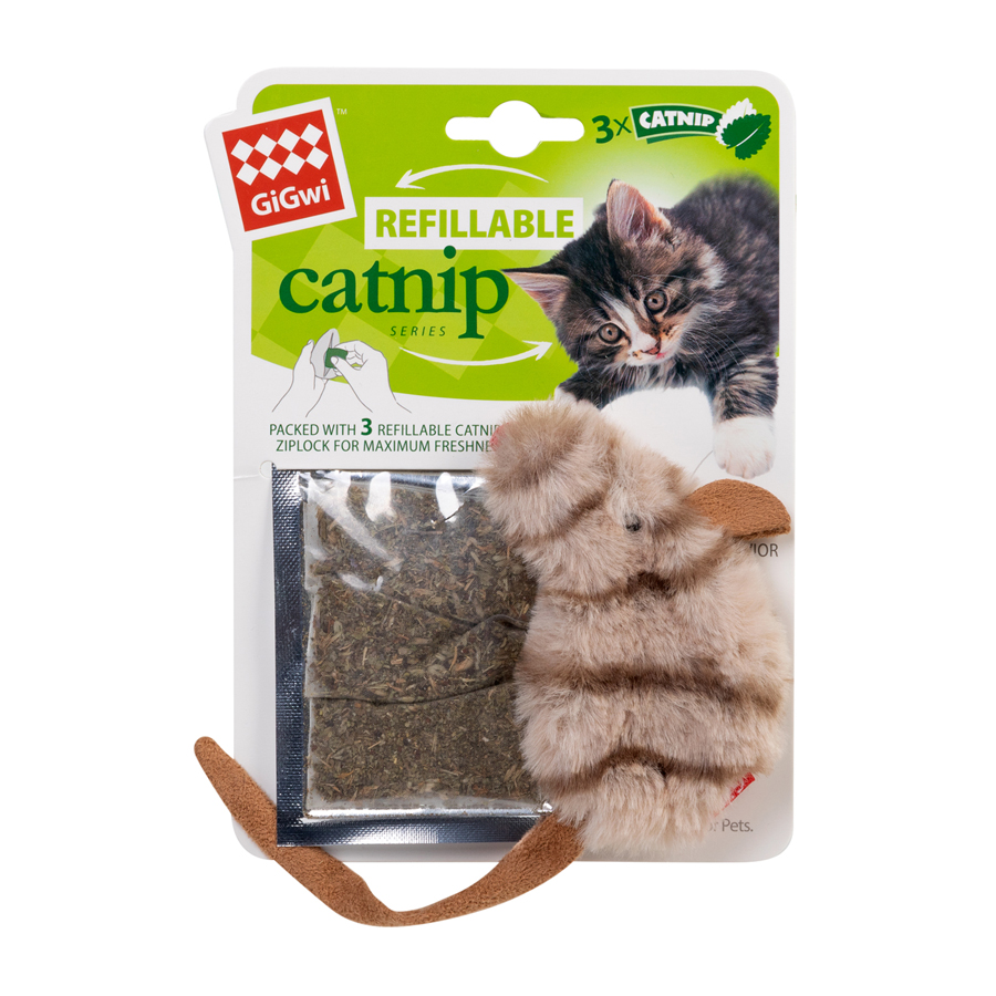 Игрушка для котов Мышка с кошачьей мятой GiGwi Refillable Catnip, искусственный мех, кошачья мята, 10 см