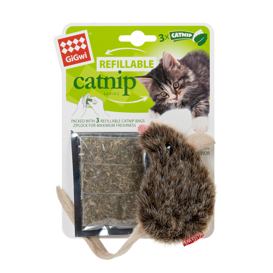 Игрушка для котов Мышка с кошачьей мятой GiGwi Refillable Catnip, искусственный мех, кошачья мята, 10 см