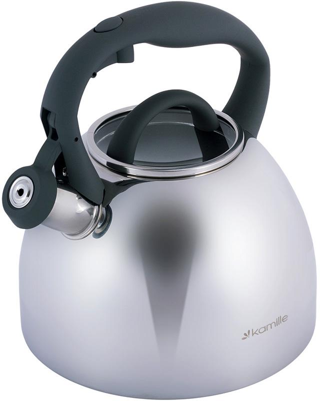 Чайник Kamille Whistling Kettle 2.7л из нержавеющей стали со свистком и стеклянной крышкой (серая ручка) KM-1088