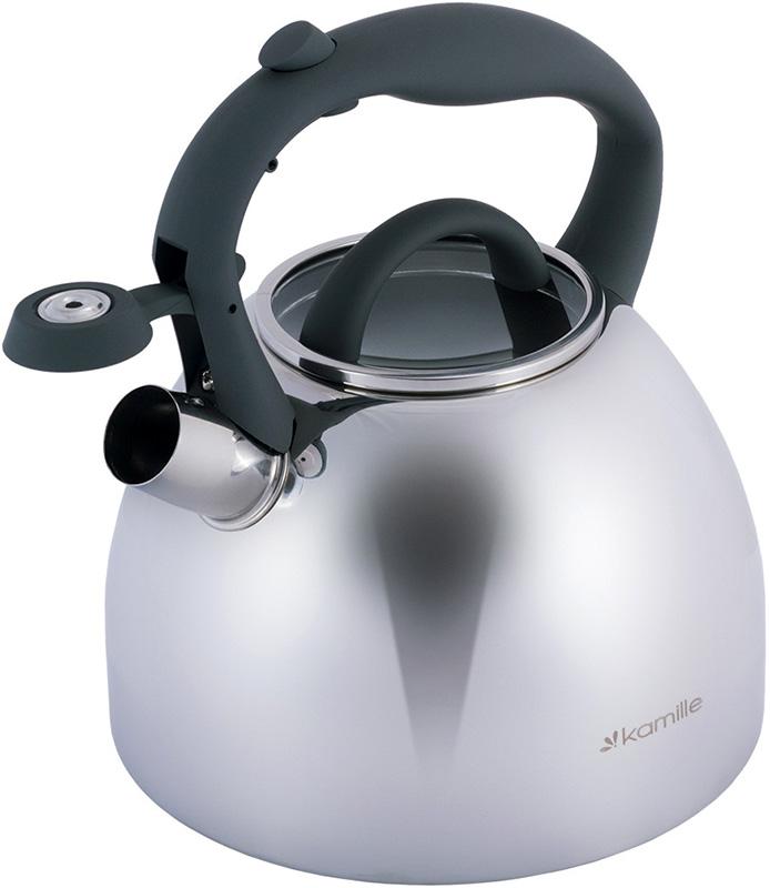 Чайник Kamille Whistling Kettle 2.7л из нержавеющей стали со свистком и стеклянной крышкой (серая ручка) KM-1088