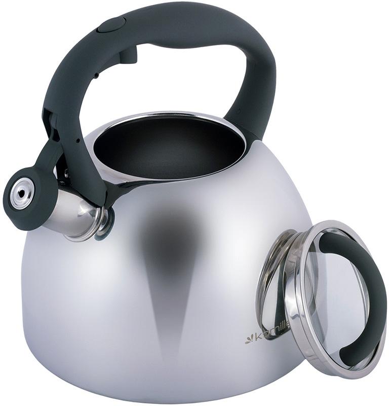 Чайник Kamille Whistling Kettle 2.7л из нержавеющей стали со свистком и стеклянной крышкой (серая ручка) KM-1088