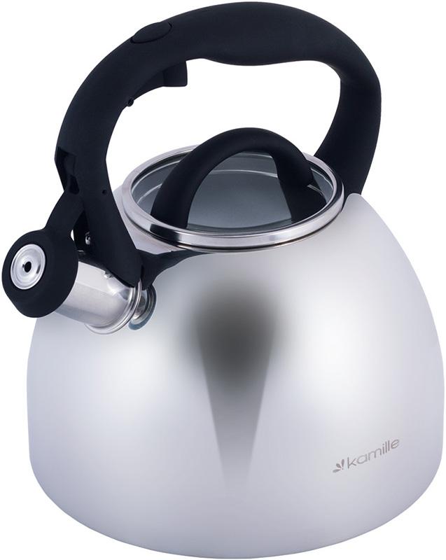 Чайник Kamille Whistling Kettle 2.7л из нержавеющей стали со свистком и стеклянной крышкой (черная ручка) KM-1089