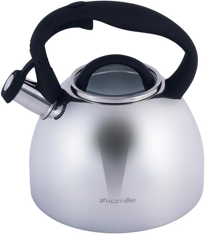 Чайник Kamille Whistling Kettle 2.7л из нержавеющей стали со свистком и стеклянной крышкой (черная ручка) KM-1089