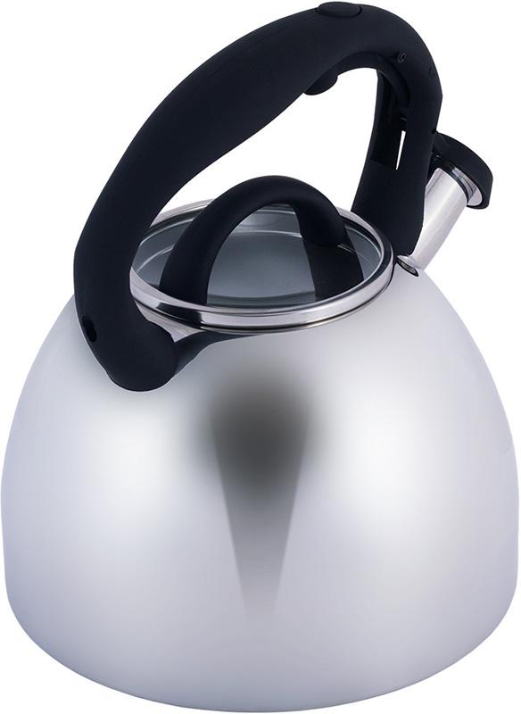 Чайник Kamille Whistling Kettle 2.7л из нержавеющей стали со свистком и стеклянной крышкой (черная ручка) KM-1089