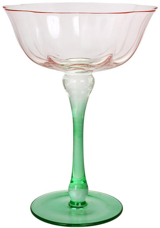Набор 6 стеклянных бокалов для шампанского "Flower Glass" 250мл розовый с зеленым BD-448-109