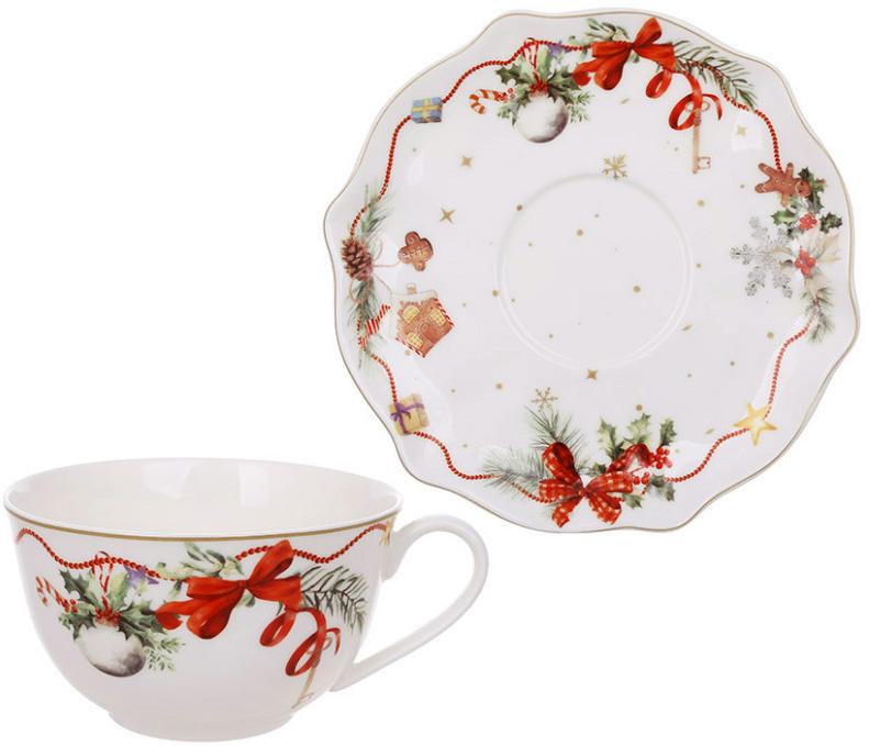 Чайный фарфоровый набор "Christmas Ribbon" 2 чашки 250мл с блюдцами BD-498-370