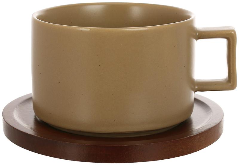 Набор 6 фарфоровых чашек "Natural Serving Grey" 200мл с деревянными блюдцами BD-938-082
