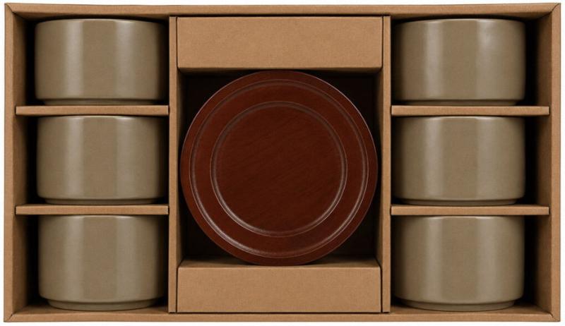 Набор 6 фарфоровых чашек "Natural Serving Grey" 200мл с деревянными блюдцами BD-938-082