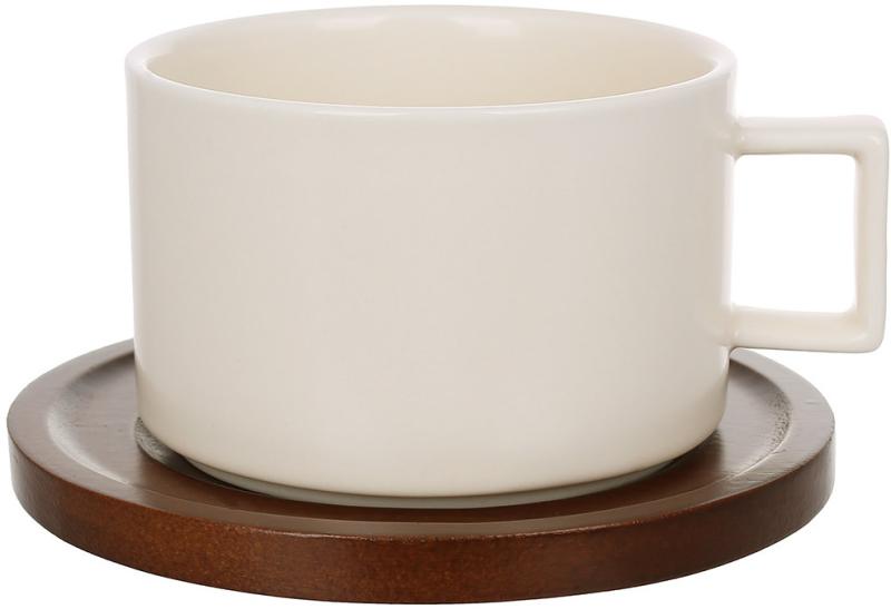 Набор 6 фарфоровых чашек "Natural Serving Cream" 200мл с деревянными блюдцами BD-938-083