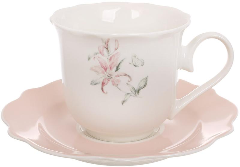 Набор 4 чайные фарфоровые чашки "Pink Orchid" 250мл с блюдцами BD-K395