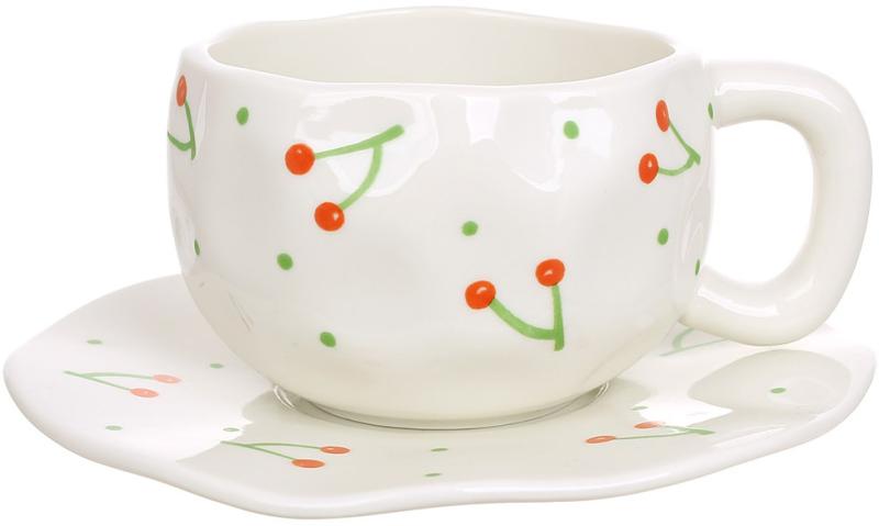 Set of 6 porcelain tea cups with saucers "Cherry Bloom" 280ml BD-K355