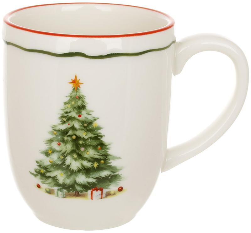 Set of 2 porcelain mugs "Evergreen Christmas" 400ml with red rim BD-K370