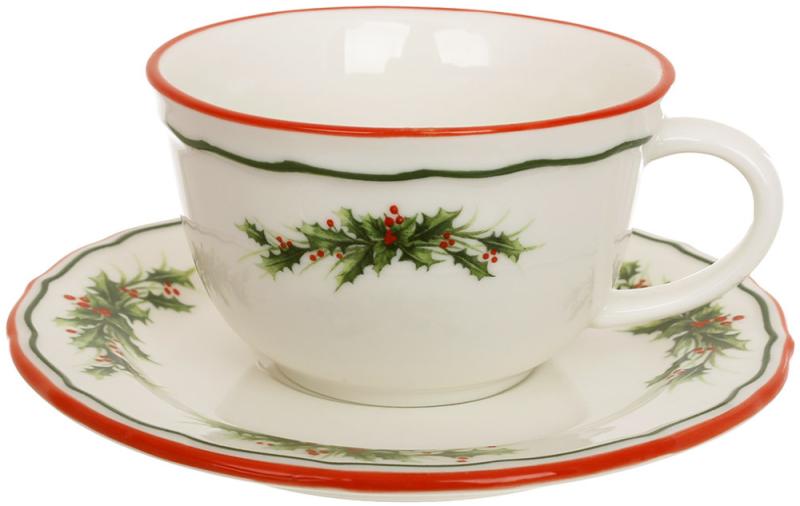 Set of 2 porcelain tea cups with saucers "Evergreen Christmas" 250 ml with red rim BD‑K372