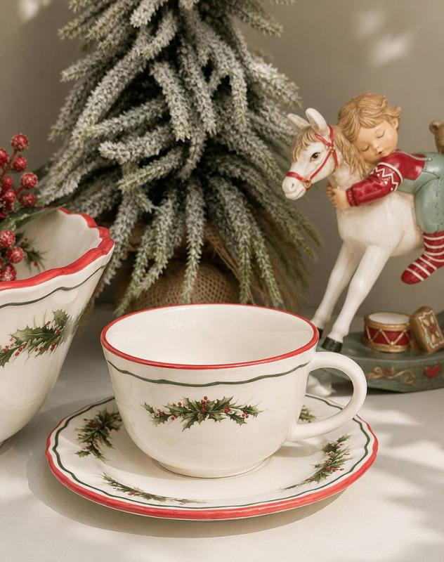 Set of 2 porcelain tea cups with saucers "Evergreen Christmas" 250 ml with red rim BD‑K372