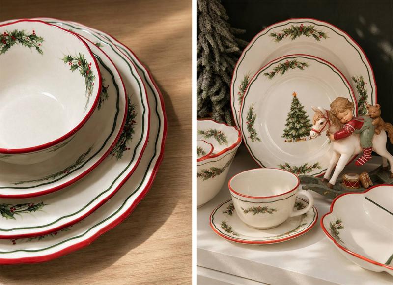 Set of 2 porcelain tea cups with saucers "Evergreen Christmas" 250 ml with red rim BD‑K372