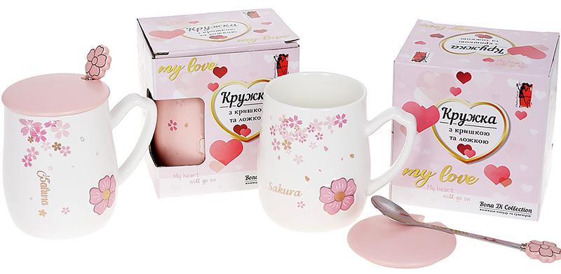 Кружка фарфоровая "Sakura" 380мл с крышкой и ложкой, 4 дизайна BD-927-221