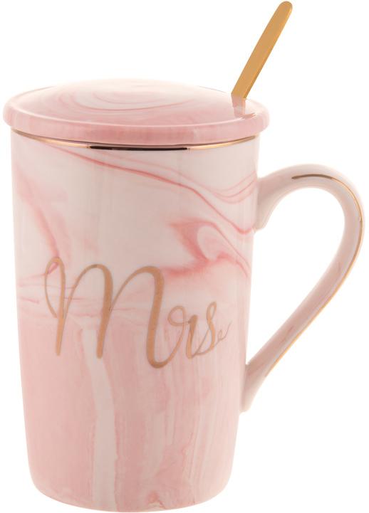 Кружка фарфоровая Coffee Prelude "Mrs" 420мл с крышкой и ложкой, розовый мрамор BD-984-205