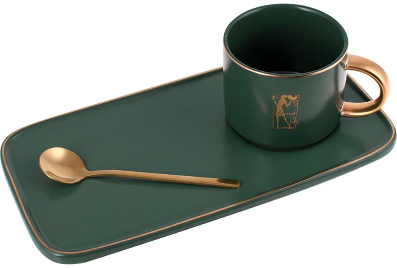 Кофейный набор Coffee Prelude "Bona" 200мл с тарелкой и ложкой, зеленый BD-984-209